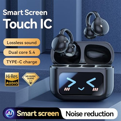 Open Ear Clip Headphones Wireless Earbuds Bluetooth 5.4 Sports Earphones with Wireless LED Touch Screen Waterproof in Ear Earphones for Pad Tablet Laptop Android/iOS Phones (Black) - color: Black
