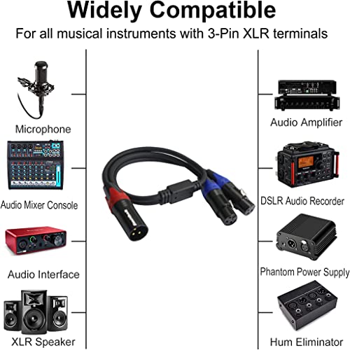 Smithok 2Pack XLR Y Splitter 1 Male to 2 Female Micrphone Cable, 3 Pin XLR 2 Female to 1 Male, Combiner Y Cord Balanced Mic Audio Cables for Stero Mic to L&R Audio Track(11.8 inches/0.3m) - size: 2 Pack 1.0 ft