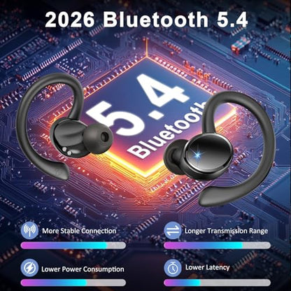 Wireless Earbuds, Bluetooth 5.4 Headphones, 75H Deep Bass Sound, Earhook | Sport, Over Ear Buds, 4 ENC Noise Cancelling Mic, Dual LED Display, IP7 Waterproof Earphones, Workout, Running, Gym - color: Jet-Black