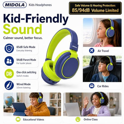 Kids Bluetooth Headphones Wireless 68 Hours,Safe Volume Limit 85/94dB | Adjustable Headband Foldable Over-Ear Lightweight Headsets for Toddler Girls Boys Tablet/iPad,HD Stereo,Built-in Mic,Green - color: DeepBlueSky