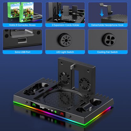 LED Cooling Stand & Charging Station for Xbox Series X Console | Cooling Fan Station for Xbox Series X Accessories with 2X 1400mAh Rechargeable Controller Battery Pack, 15 Light Modes - color: Carbon Black