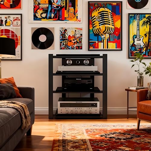 Heavy Duty Audio Rack Tower, Av Media Player Stand with Wooden Shelves, Black Cd Stereo Equipment Cabinet, Suitable for Home,Office/Audio Video/Theate (Black, 4 Tier) - size: 4 Tier
