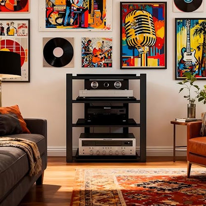 Heavy Duty Audio Rack Tower, Av Media Player Stand with Wooden Shelves, Black Cd Stereo Equipment Cabinet, Suitable for Home,Office/Audio Video/Theate (Black, 4 Tier) - size: 4 Tier
