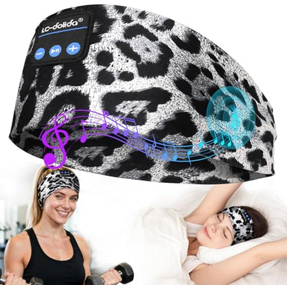 LC-dolida Sleep Headphones Headband Bluetooth 5.4, Sports Headband Earphones Wireless with Speaker Microphone USB C for Women Sleeping Gift Workout Jogging Yoga Insomnia Travel Meditation - color: Leopard