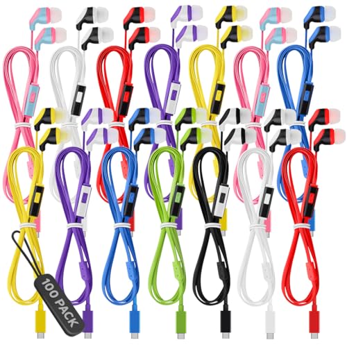 JustJamz USB C Earbuds, 100 Pack – in-Ear Wired Headphones USBC with Microphone, Type C Earphones for iPhone 15, iPad and Most USB-C Devices, Classroom Bulk Wired Earbuds