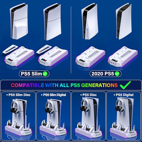 PS5 / PS5 Slim Cooling Station with Controller Charging Station - LED Light Cooling Stand for Playstation 5 Slim Disc/Digital Console, Accessories Incl RGB Light/Cooler Fan/3 USB Hubs/Headset Holder