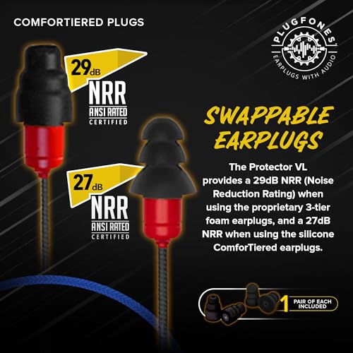 Plugfones Protector Plus Volume Limited in-Ear Earplug Earbuds, Noise Reduction Headphones with Noise Isolating Mic and Controls, Black & Red - color: Black & Red (with Microphone)
