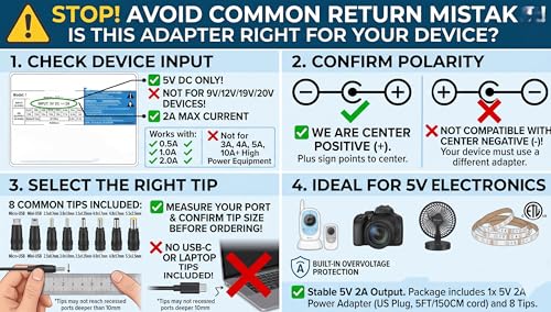 SoulBay 5V 2A Power Supply Adapter 10W AC100-240V to DC 5 Volt 2Amp Versatile Charger Cord with 8 Plugs for USB Hub TV Box Tablet Camera Speaker GPS Webcam Router and More 5vdc Electronics, 5FT