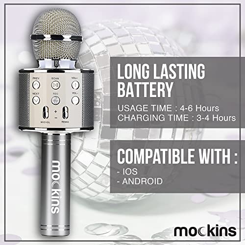 Mockins Silver Bluetooth Karaoke Microphone for Kids with Built in Wireless Speaker| Wireless Microphone Karaoke Compatible with iOS & Android | All-in-One Mic - color: Silver