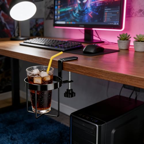 Desk Cup Holder Clamp, Anti-Spill Clip On Table Cup Holder Rotatable | Water Bottle Stand Drink Coffee Mug Storage, Office Accessories for Home and School (Black) - color: Simple Line Desk Cup Holder