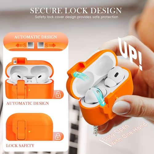R-fun for AirPods Pro 3 Case Liquid Silicone with Lock, Orange | Magnetic Lid, Compatible with Apple AirPods Pro 3rd Generation with Strap & Cleaner Kit, MagSafe Compatible - color: C-Orange