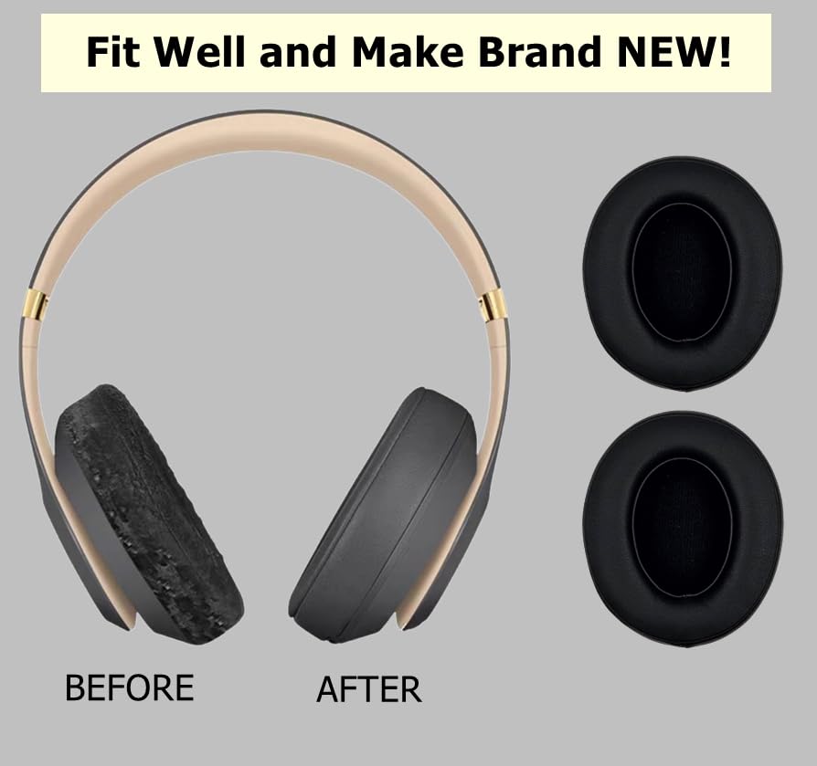 Replacement Ear Pads Cushions, Earpads Cover Compatible with Beats Studio 2 and Studio 3 Over Ear Headphones by Dr.DRE 1 Pair (Black) - color: Black