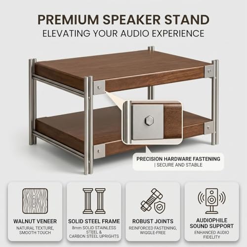 Audio Rack Tower with Adjustable Solid Wood Shelves, Metal Frame Media Rack, AV Media Stand for Stereo Components, Record Player, CD Player, Office, Living Room - size: 60x41x70cm/23.6x16.1x27.5in