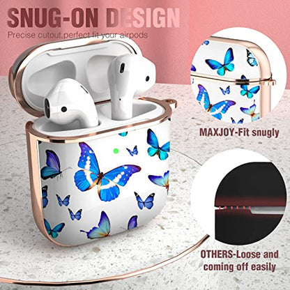 Maxjoy for AirPods Case, Cute AirPod Case Protective Hard AirPod 2 Gen Cover for Women Men with Keychain for AirPods 2nd 1st Generation Charging Cover 2&1, Blue Butterfly - color: Blue + White