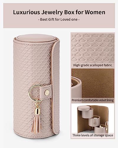 VLANDO Travel Jewelry Organizer, 3 Tier Roll Up Design, Hard Shell Storage | Stepped Sections Compartments Keep Jewelry Visible, Soft Lining Protect Pieces, Snap Closure, Travel Gift for Women Girl - color: Grey&Khaki