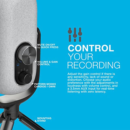 JLab Epic Talk USB-C Microphone with Cardioid, Omni, Stereo, bi-Directional Modes, gain and Mute Controls, 3.5mm aux, White - color: White