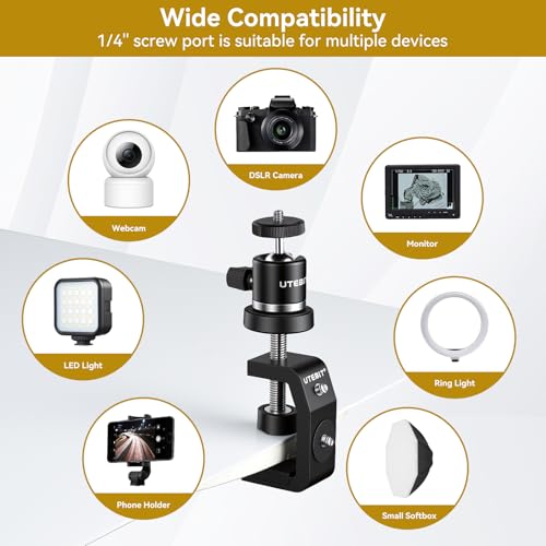 UTEBIT 40mm C-Clamp Camera Mount with Mini Ball Head, Black - size: 40mm
