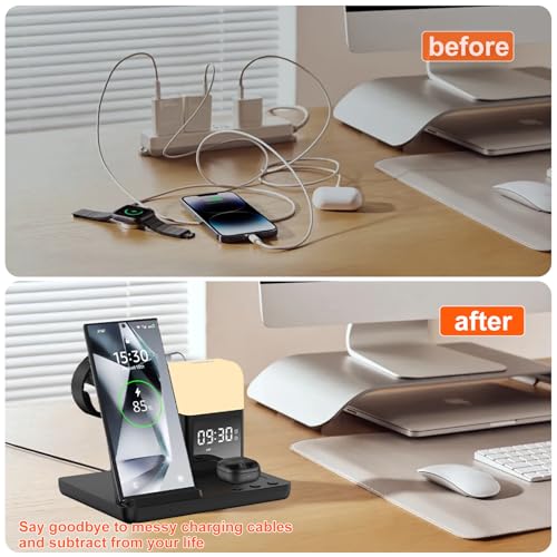 Wireless Charger for Samsung/Android Charging Station, 6 in 1 Fast Watch Charger with Alarm Clock-Night Light, Compatible for Galaxy S25 Ultra/S24, Only for Samsung Watch8/7, Galaxy Buds3 Pro(White) - color: White