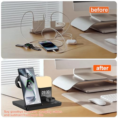 Wireless Charger for Samsung/Android Charging Station, 6 in 1 Fast Watch Charger with Alarm Clock-Night Light, Compatible for Galaxy S25 Ultra/S24, Only for Samsung Watch8/7, Galaxy Buds3 Pro(Black) - color: Black