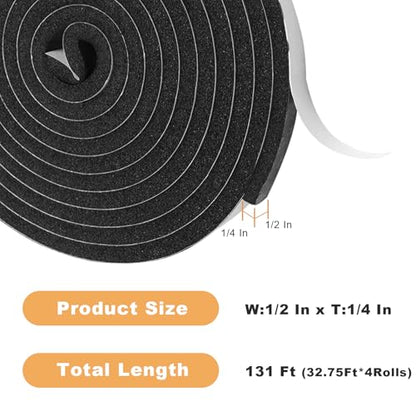 Foam Insulation Tape self Adhesive,1/2In x 1/4In x 131Ft Weather Stripping for Doors and Windows,Sound Proof soundproofing Door Seal,Weatherstrip,Pipe Cooling, Air Conditioning Seal Strip - size: 1/2 in x 1/4 in x 131 ft