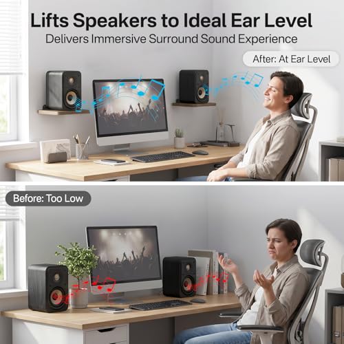 Aiweiwa Small Speaker Shelf Wall Mount Pair, 5.3" x 6.7" Adjustable Rear Speaker Wall Mount Shelves for Small Surround Sound Speakers, Wooden Floating Speaker Wall Shelves, Up to 7 lbs Per Shelf