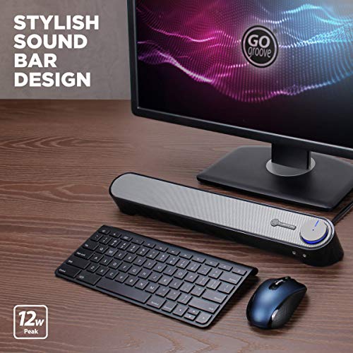 GOgroove Computer Speaker Mini Soundbar - USB Powered PC Sound Bar with Easy Setup Wired AUX, Stereo Audio, Microphone Port, Volume Control Knob, Under Monitor Design for Desktop (Black) - color: Black and Grey