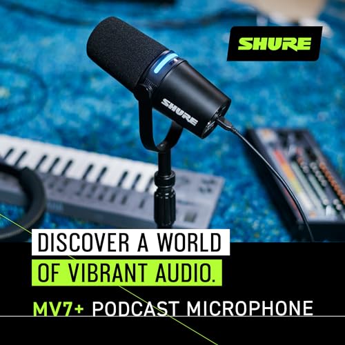 Shure MV7+ USB-C & XLR Podcast Dynamic Mic with Stand - Black | OBS-certified USB-C and XLR dynamic mic with stand, LED touch panel, auto level and pop filter for podcasting