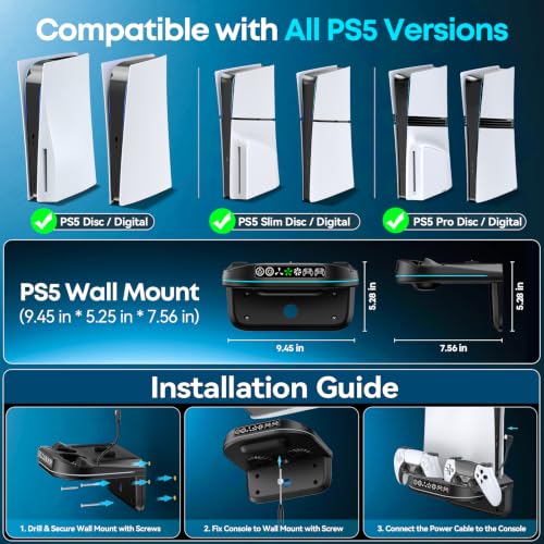 P S5 Wall Mount Kit with Cooling Fan and Charging Station Compatible with PS5/Slim/Pro Disc and Digital, PS Five Floating Shelf with 9 RGB Lights, PS5 Mount Behind TV, P5 Accessories for Gaming, Black - color: Black