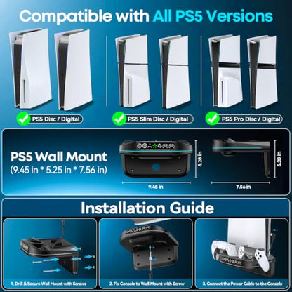 P S5 Wall Mount Kit with Cooling Fan and Charging Station Compatible with PS5/Slim/Pro Disc and Digital, PS Five Floating Shelf with 9 RGB Lights, PS5 Mount Behind TV, P5 Accessories for Gaming, Black - color: Black