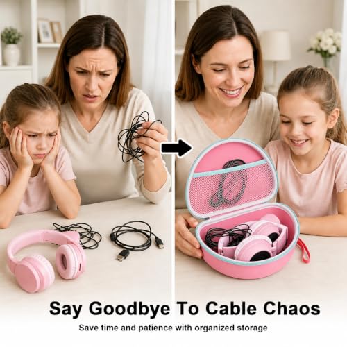 PAIYULE Kids Headphone Case for Riwbox CT-7S/CT-7, for iClever IC-HS01 | Headphone case for kids, hard EVA shell, mesh pocket, fits cat-ear over-ear models, red, school and travel, box only, Pink - color: Pink