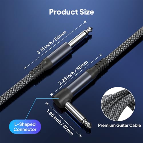 Elebase 1/4 inch TS Guitar Cable 20FT 2Pack,Right Angle Instrument Cord | Quarter inch 6.35mm Audio Cable,90 Degree Mono 6.3mm Male Jack Audio Line for Electric Guitar,Bass,Keyboard,Amplifiers,AMP - size: 20ft/6m, style: Angled-Grey