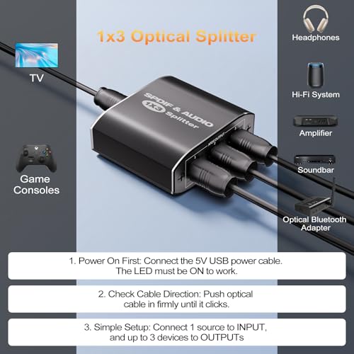Optical Audio Splitter 1x3, Toslink Digital SPDIF Splitter 1 in 3 Out | Supports Dolby Digital DTS 5.1 & LPCM 2.0, Compatible with PS5, Xbox, TV, Sound Bar, Home Theater
