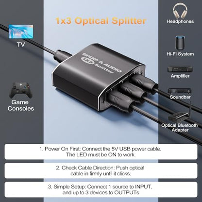 Optical Audio Splitter 1x3, Toslink Digital SPDIF Splitter 1 in 3 Out | Supports Dolby Digital DTS 5.1 & LPCM 2.0, Compatible with PS5, Xbox, TV, Sound Bar, Home Theater