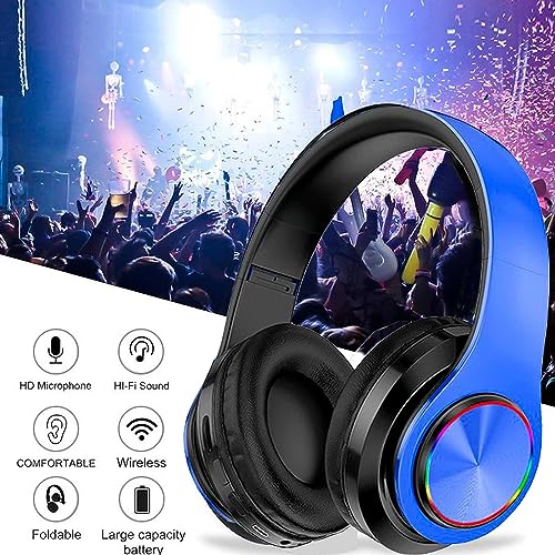 LED Bluetooth Over-Ear Headphones Blue w/ Mic HiFi Foldable Wired Wireless | Colorful LED Over-Ear Bluetooth Headphones Blue, HiFi Stereo with Mic, Foldable Wired Wireless for Gaming Classroom Gift - color: Blue