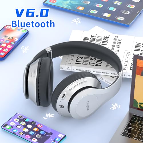 Uliptz Bluetooth Headphones Over Ear, Wireless HiFi Stereo Foldable Headset | 65H Playtime, Bluetooth 6.0, 6 EQ Modes, Built-in Mic, Deep Bass Stereo, Lightweight Design for Home, Office, Travel & PC - color: Silver