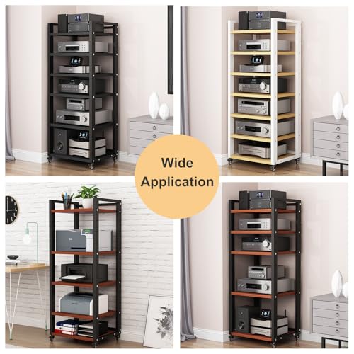 7 Tier Av Media Stand With Wheels, 55in Adjustable Audio Rack - color: White + Light Walnut