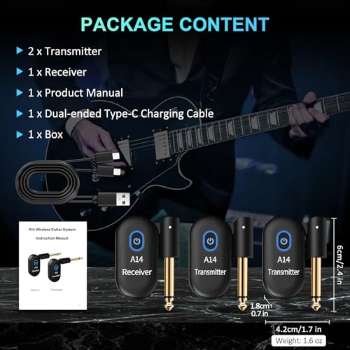 A14 Wireless Guitar System, 2.4GHz Rechargeable Transmitter Receiver, 24-bit 48KHz Audio, 100ft Range, Plug and Play, Compatible with Electric Guitar & Bass Accessories (2TX+1RX) - color: 2TX+1RX