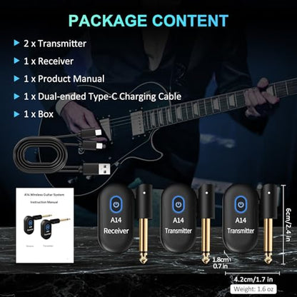 A14 Wireless Guitar System, 2.4GHz Rechargeable Transmitter Receiver, 24-bit 48KHz Audio, 100ft Range, Plug and Play, Compatible with Electric Guitar & Bass Accessories (2TX+1RX) - color: 2TX+1RX
