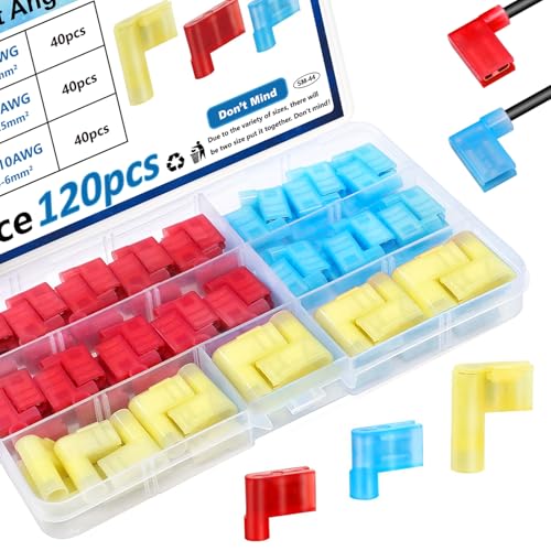 smseace 120Pcs Right Angle Spade Connector 22-18/16-14/12-10AWG Nylon Quick Disconnect Flag Terminal Red/Yellow/Blue 90 Degree Wire Terminal Connector - size: 120Pcs