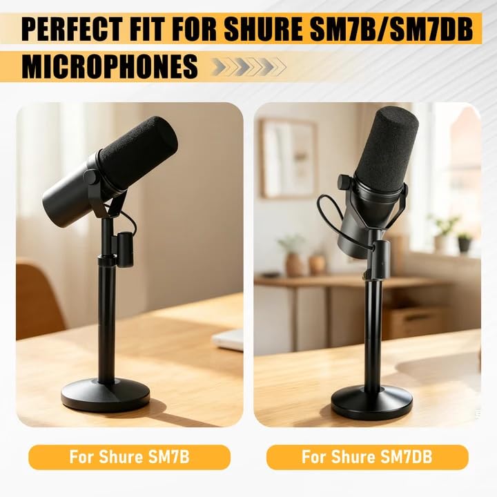 Desktop Microphone Stand for Shure SM7B/SM7DB | Adjustable Height with 2 Extension Rods, All-Metal Heavy-Duty, Easy Setup & Portable Space-Saving Mic Stand
