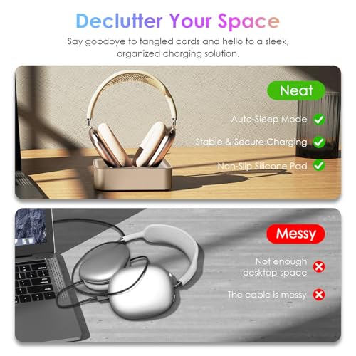 Headphone Charging Station for AirPods Max 1 & 2 - Magnetic Charger Dock with Lightning & USB-C Connectors, LED Indicator, Easy Drop-in Charging (Starlight) - color: Starlight