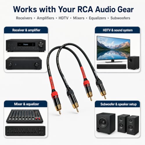 RCA Cable 2-Pack 1Ft Gold OFC, Low Noise for Subwoofer Amplifier
