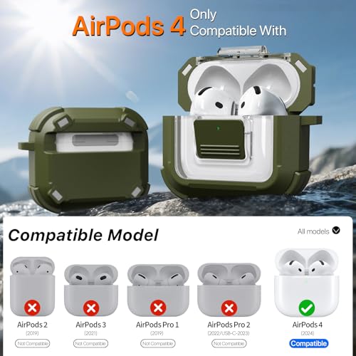 for AirPods 4 Case with Lock Magnetic Lid MagSafe, Green | Compatible with Apple AirPods 4th Generation Protective Case with Cleaner Kit & Carabiner, Powerful Drop Protection - color: A-TW-Green, size: Airpods 4th Generation