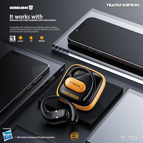 Transformers Earbuds T59, Bluetooth 5.4 Wireless Gaming Earbuds with Mic, Ear Hook Sport Earbuds, Low Latency, 13mm Drivers, IPX5 Waterproof, 24H Playtime (Bumblebee Yellow) - color: Bumblebee Yellow