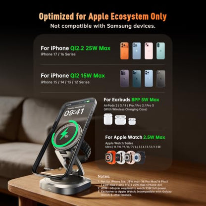 3-in-1 Foldable Qi2.2 25W Magnetic Wireless Charger Stand for iPhone Black | 360° Rotatable Charging Station for Airpods & Apple Phone Watch Earbuds for Travel Desk Home [With Cable Only] - color: Black