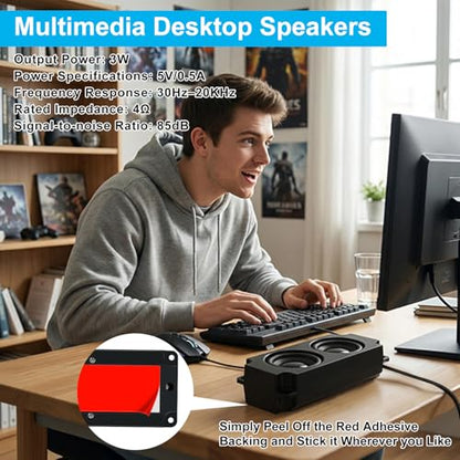 USB Desktop Speakers Dual Output 3W Mini USB Multimedia Bookshelf Speakers 20KHz 30KHz Active Desktop Speakers for Gaming, Music, Computers, Phones, MP3, MP4 (Black, 0.7 m)