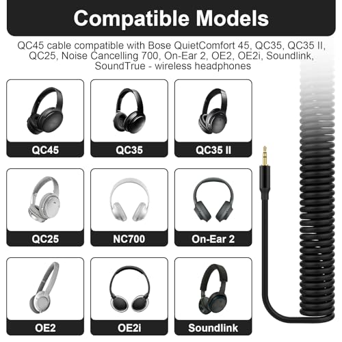 QC45 Coiled Audio Cable Compatible with Bose QuietComfort, QuietComfort Ultra, QC45, QC35, QC35 II, QC25, NC700 Headphones 2.5mm to 3.5mm Aux Cord with 6.35mm Adapter, 4ft-16ft (Black)