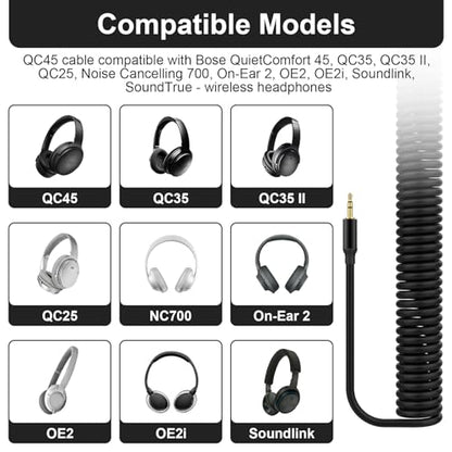 QC45 Coiled Audio Cable Compatible with Bose QuietComfort, QuietComfort Ultra, QC45, QC35, QC35 II, QC25, NC700 Headphones 2.5mm to 3.5mm Aux Cord with 6.35mm Adapter, 4ft-16ft (Black)
