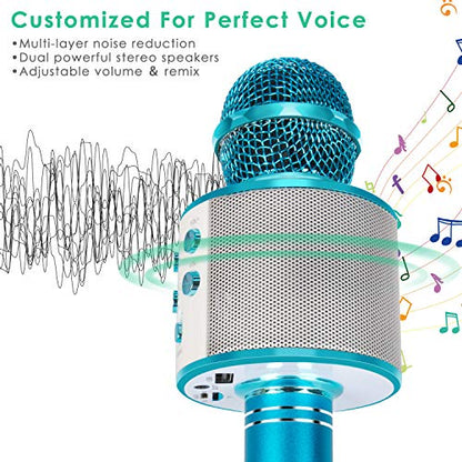 KIDWILL Wireless Bluetooth Karaoke Microphone for Kids, 5-in-1 Portable Handheld Karaoke Mic Speaker Player Recorder with Adjustable Remix FM Radio for Kids Girls Boys Teens Birthday (Blue)