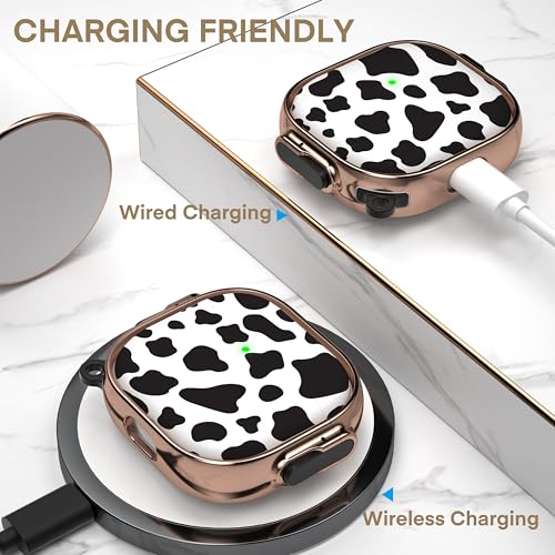 for AirPods 4 Case with Safety Lock, Magsafe Compatible, Cow Print | Double Secure Lock,Drop Protection,Two-Piece Design,with Gold Keychain, Anti Lost, Dustproof, Cute AirPod 4 Case - color: Cow + Gold, size: AirPods 4 Case
